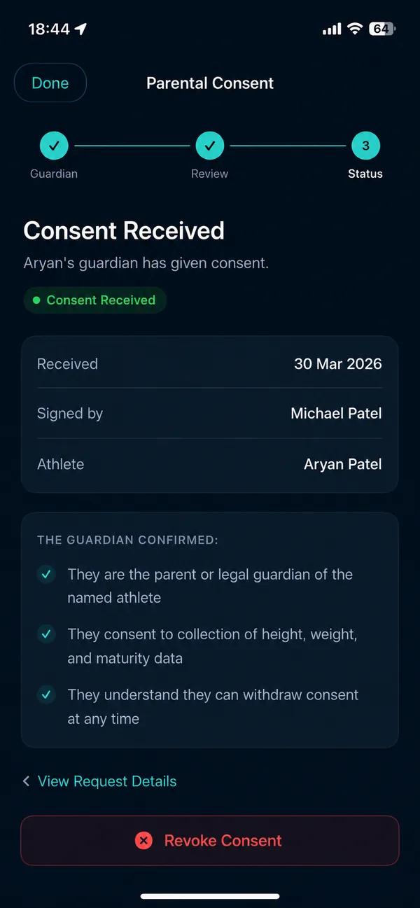 Parental consent screen in the app