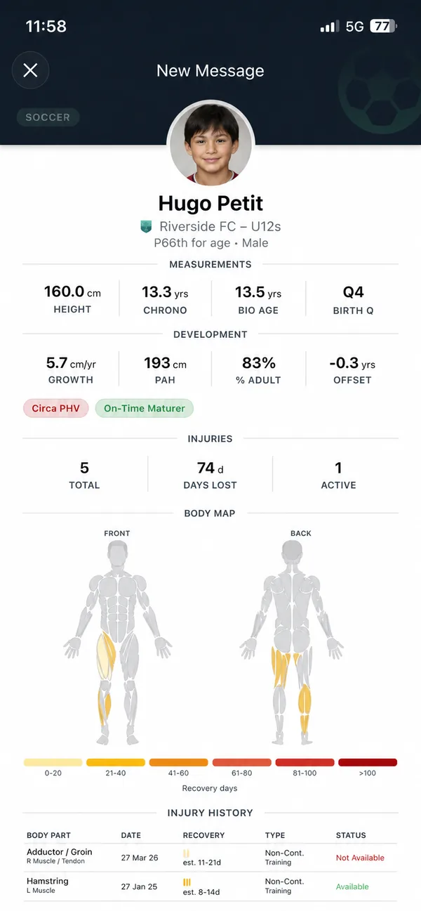 Develupp player report with measurements and maturation results ready to share