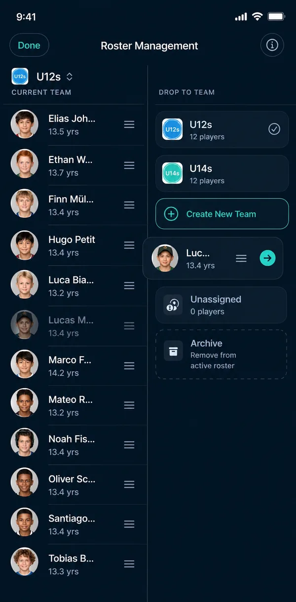 Develupp roster management screen showing players organised into teams